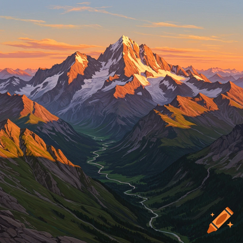 A mountain landscape with a winding river in the valley at sunset.