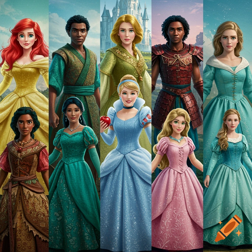 Collage of diverse live-action Disney princesses in costumes against fantasy backdrops.
