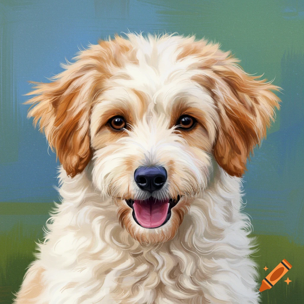 A fluffy tan and white dog with a happy expression.