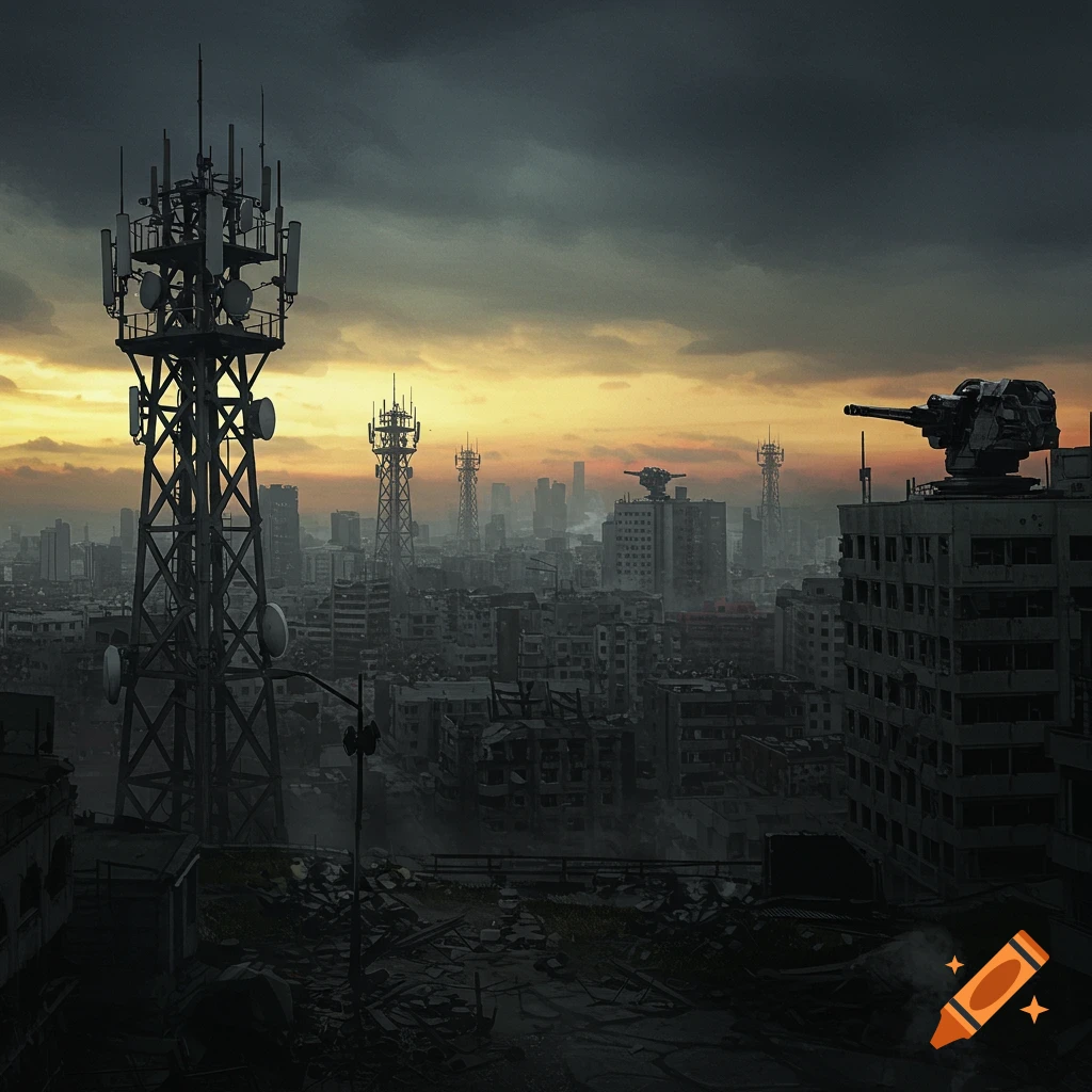 A ruined cityscape at sunset with cell towers and gun turrets.