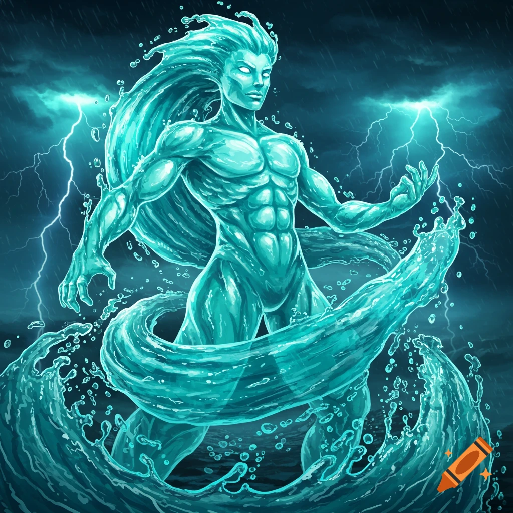 A muscular water superhero is in a storm with lightning and water tendrils.