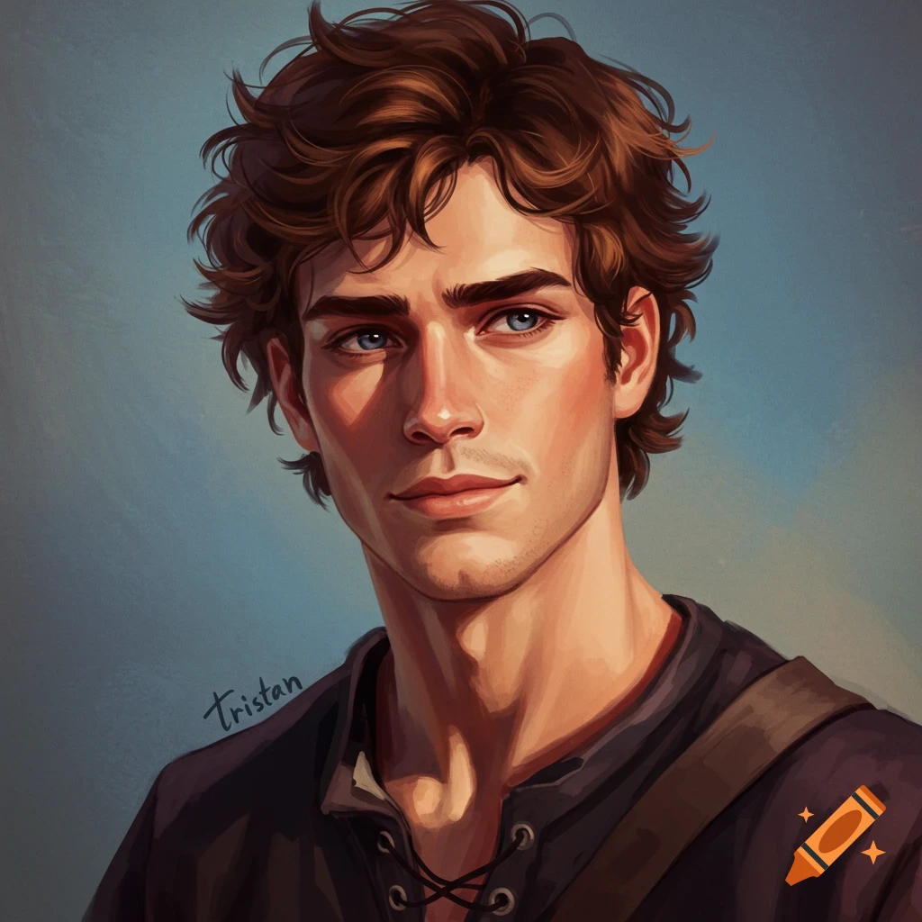 Portrait of a young man with brown, wavy hair and blue eyes.