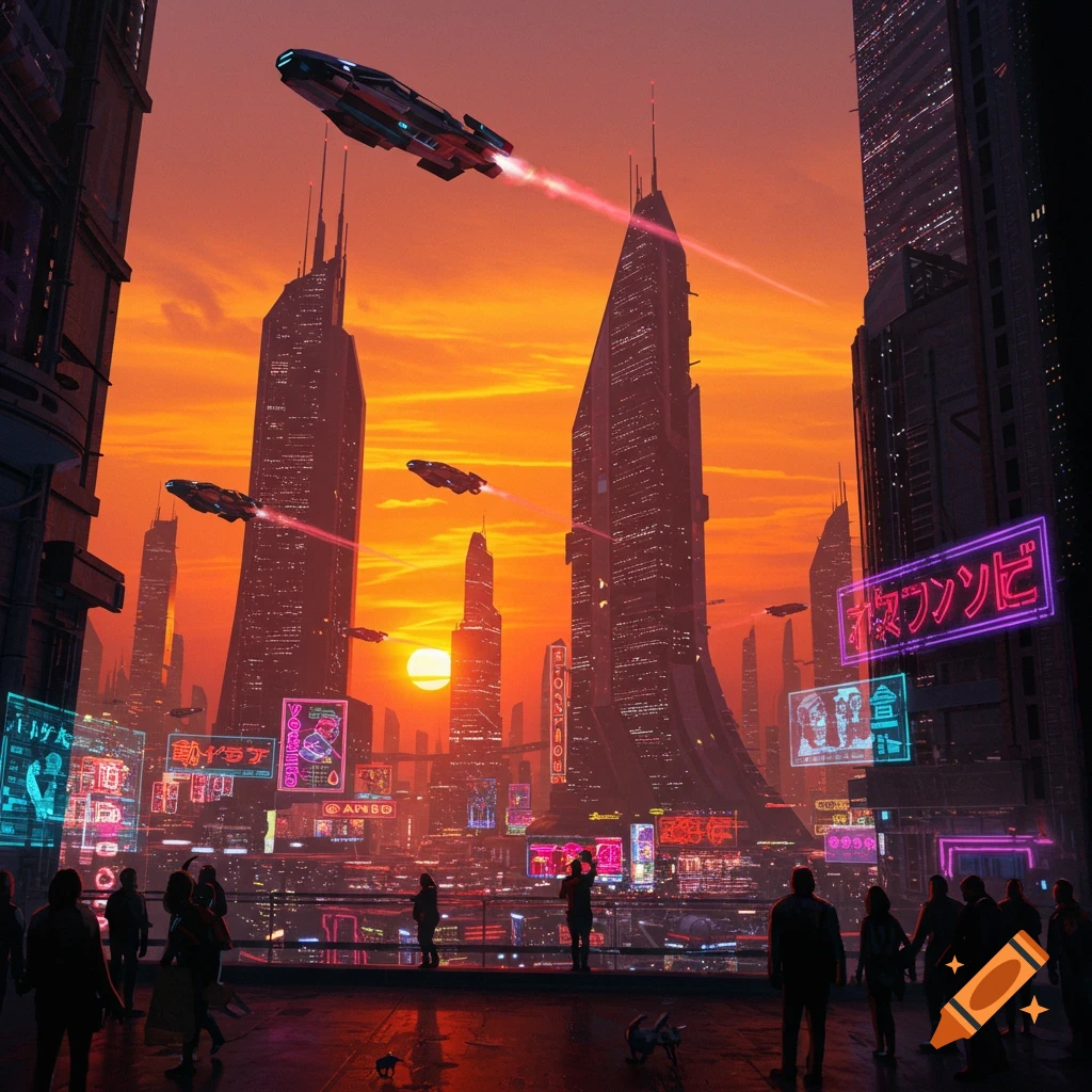A futuristic cityscape at sunset with flying cars, skyscrapers, and neon signs.