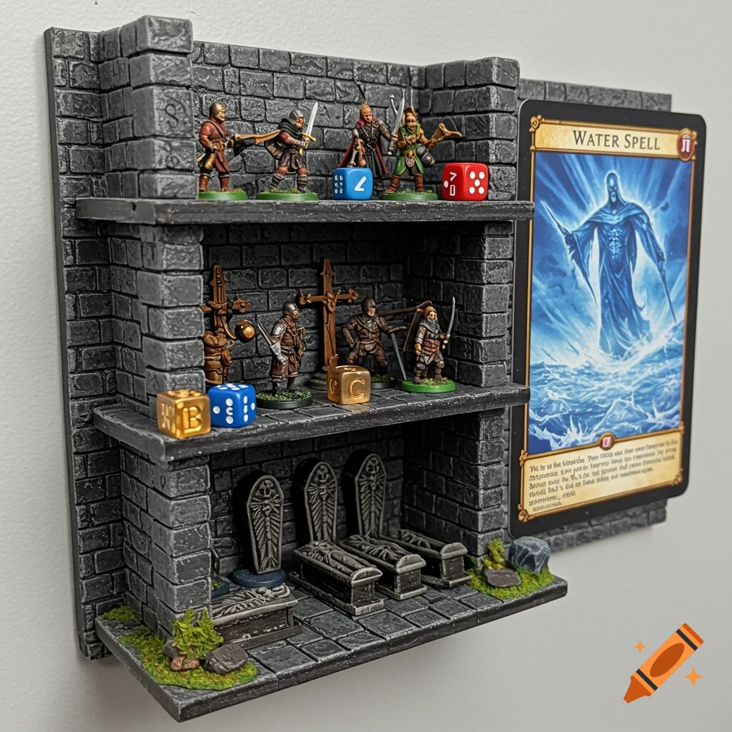 Tabletop gaming display with dungeon shelves, miniature figures, dice, sarcophagi, and a Water Spell game card.