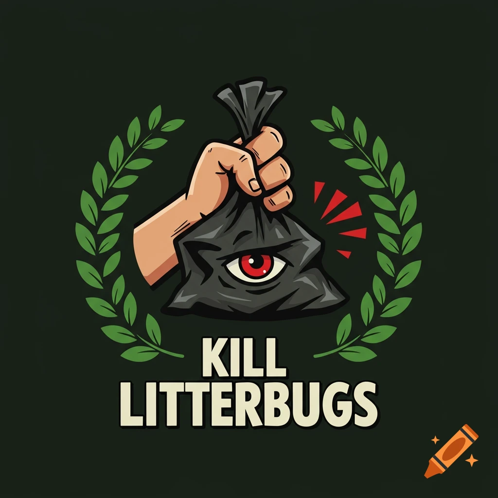 Logo with a hand holding a garbage bag with an eye, surrounded by leaves and text KILL LITTERBUGS.