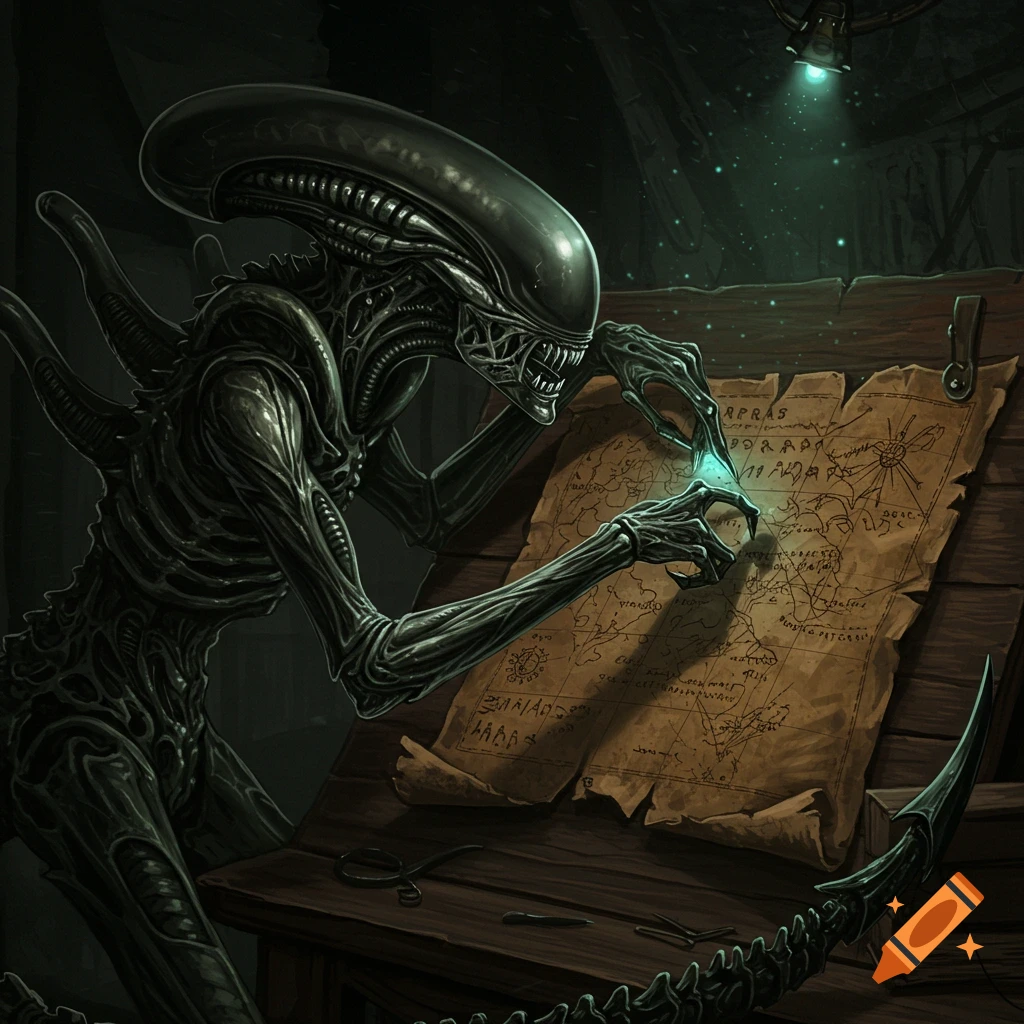 A Xenomorph studies a map on a table in a dark room