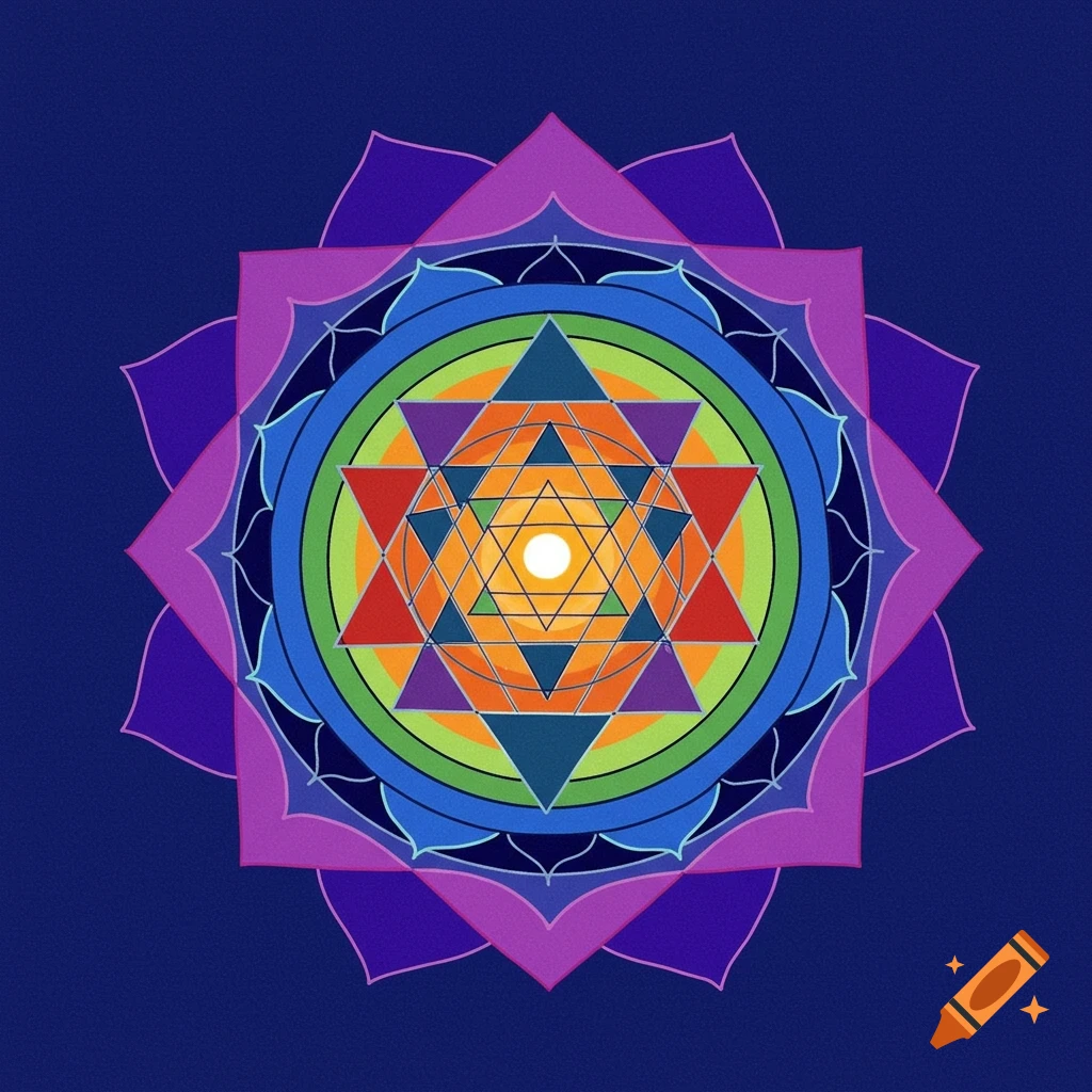 Colorful geometric yantra with layered triangles, square, and petals on a dark blue background.