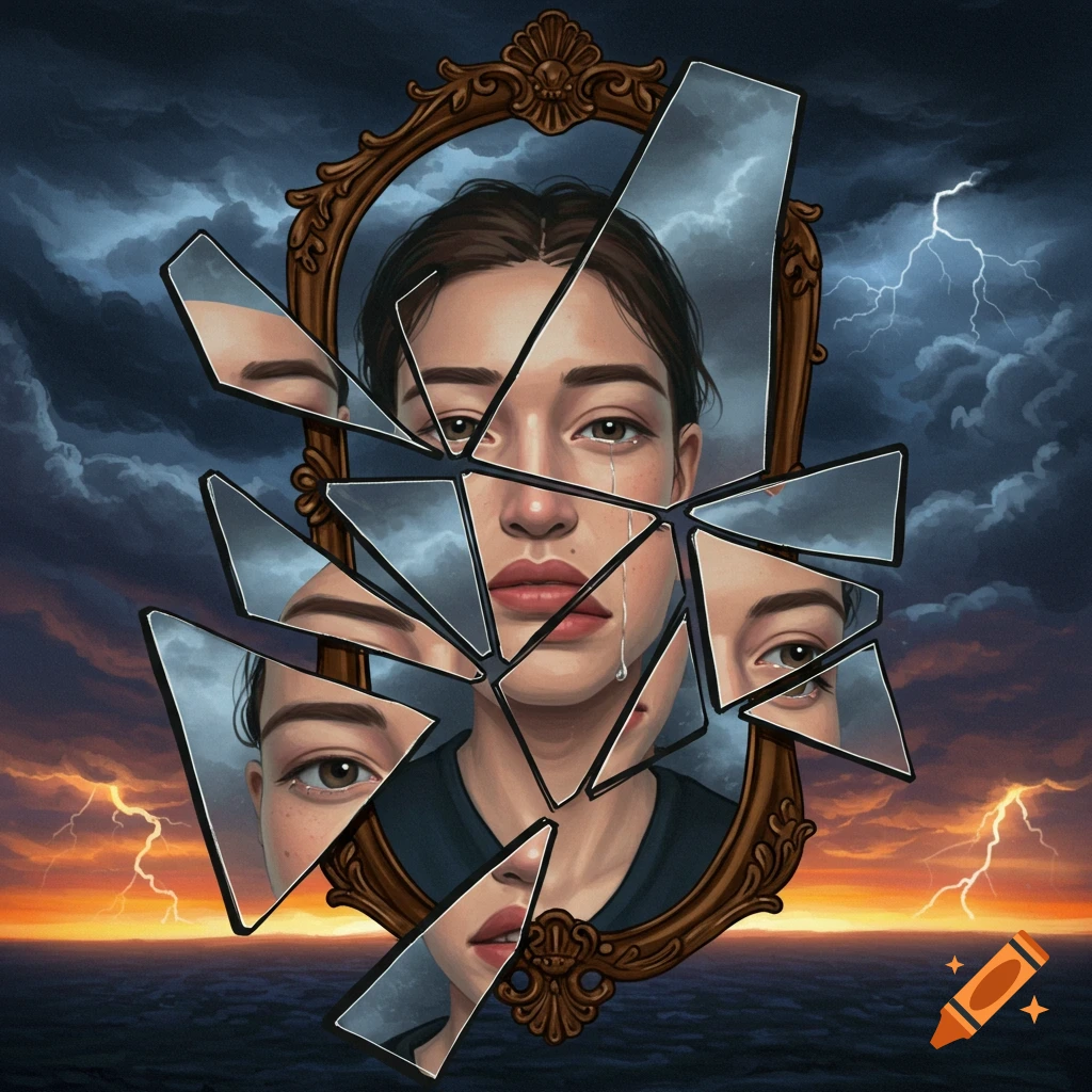 A woman's face is fragmented in a broken mirror against a stormy sky, symbolizing emotional turbulence.