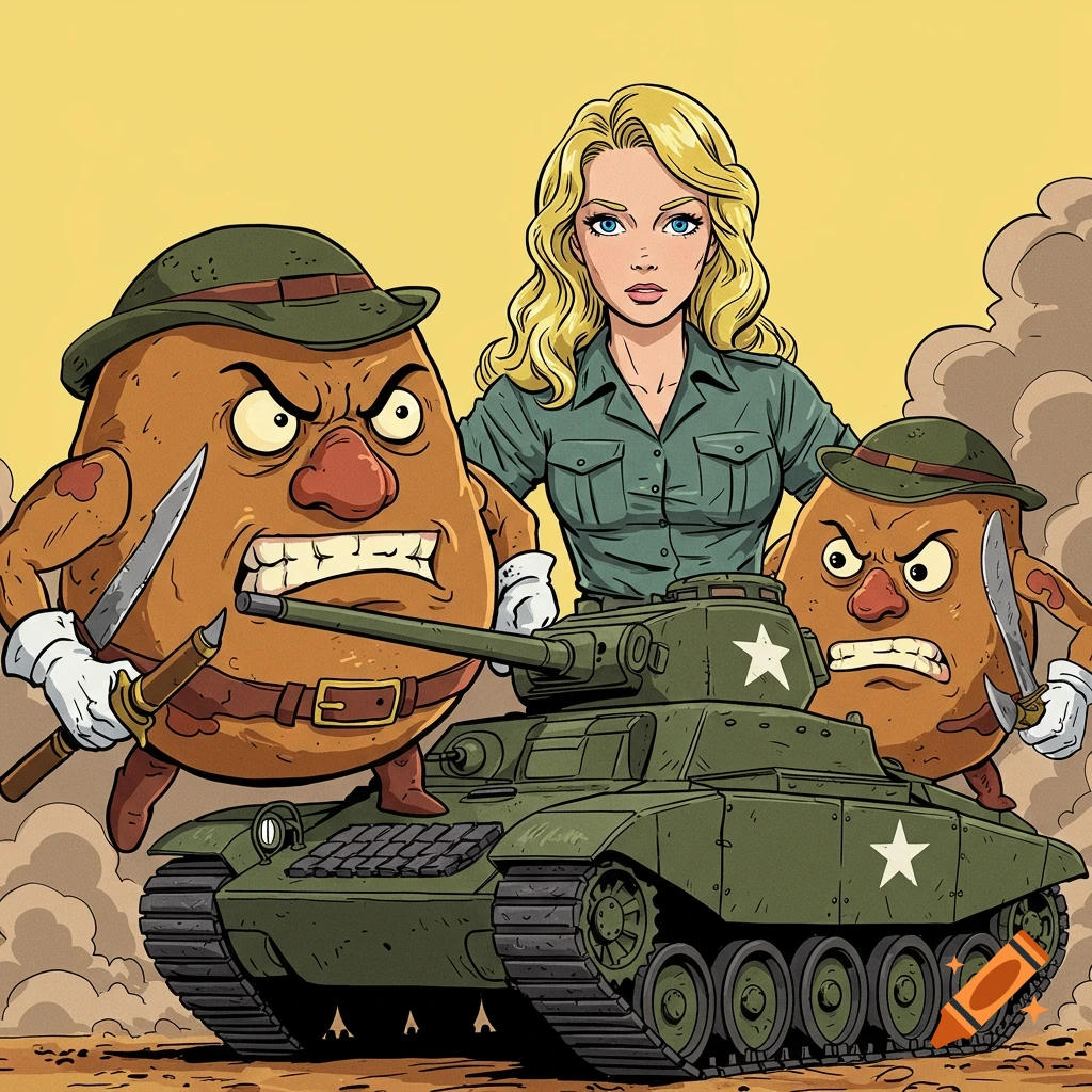 Comic art of a woman and angry warrior potatoes with knives on a tank.