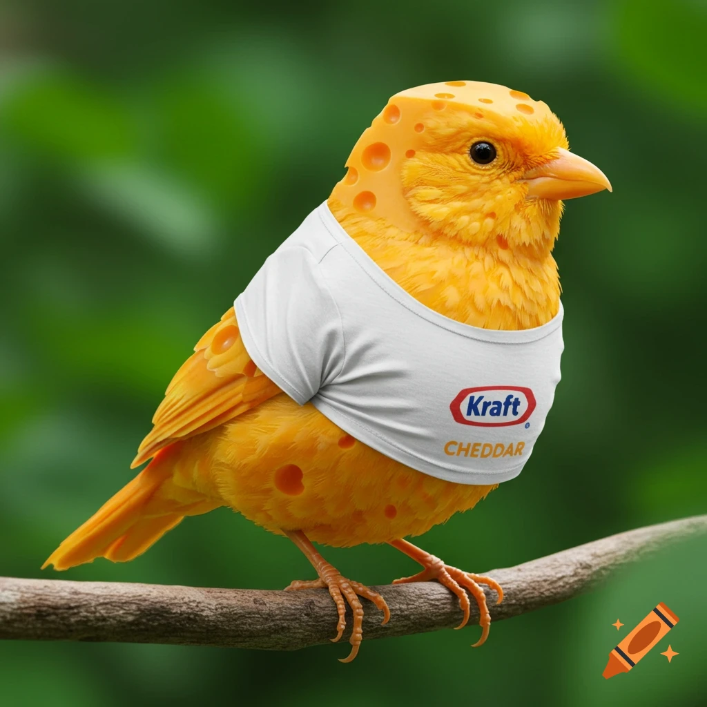 A bird with skin like cheese wears a white t-shirt with the Kraft logo, perched on a branch. Photorealistic.