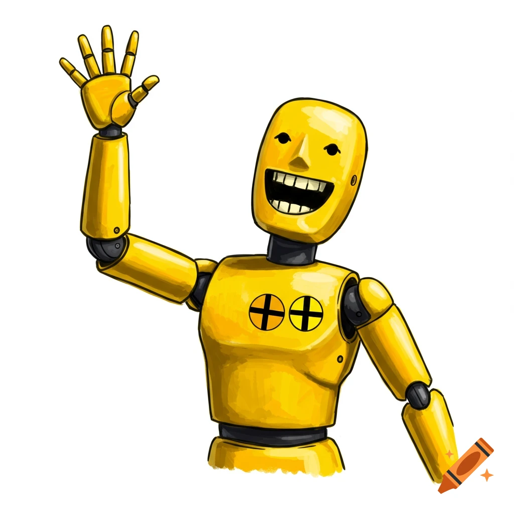 A yellow crash test dummy is waving and smiling.