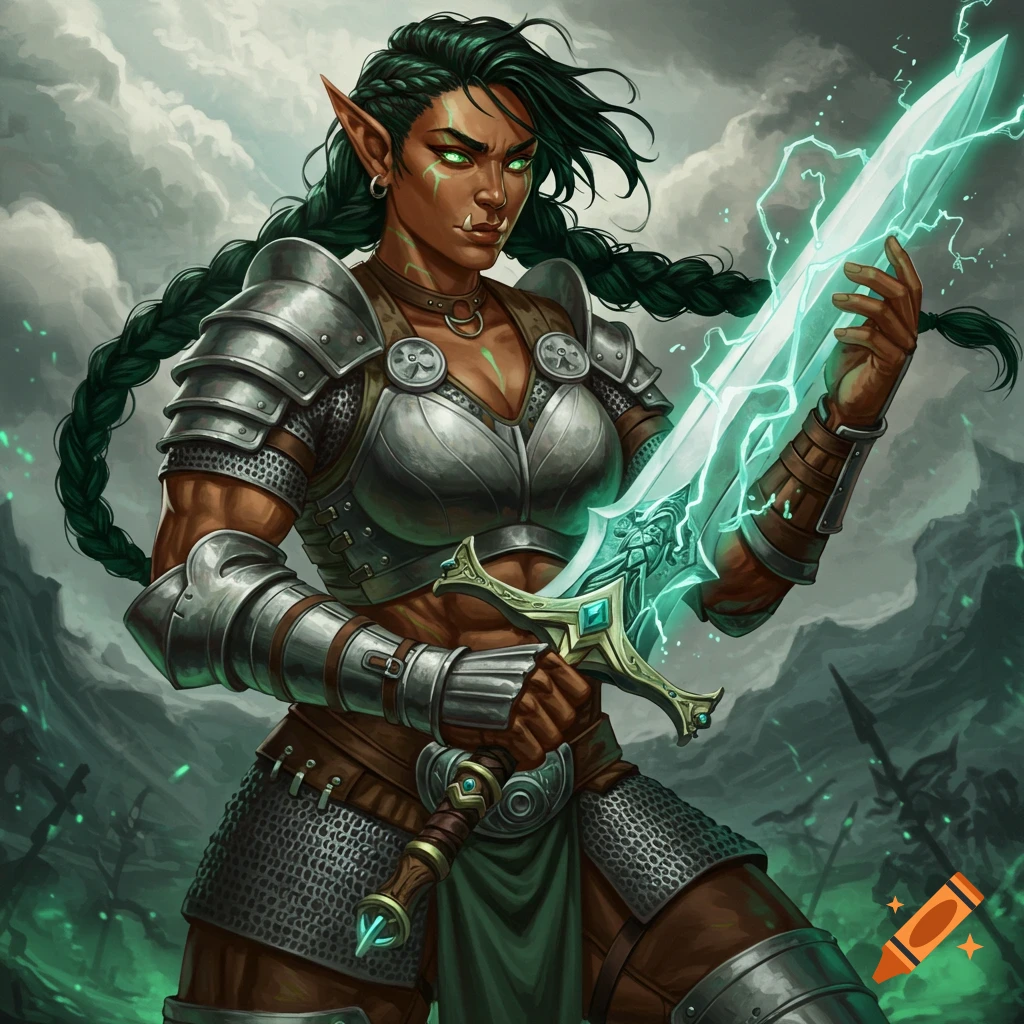A female half-orc fighter in armor holding a glowing greatsword.