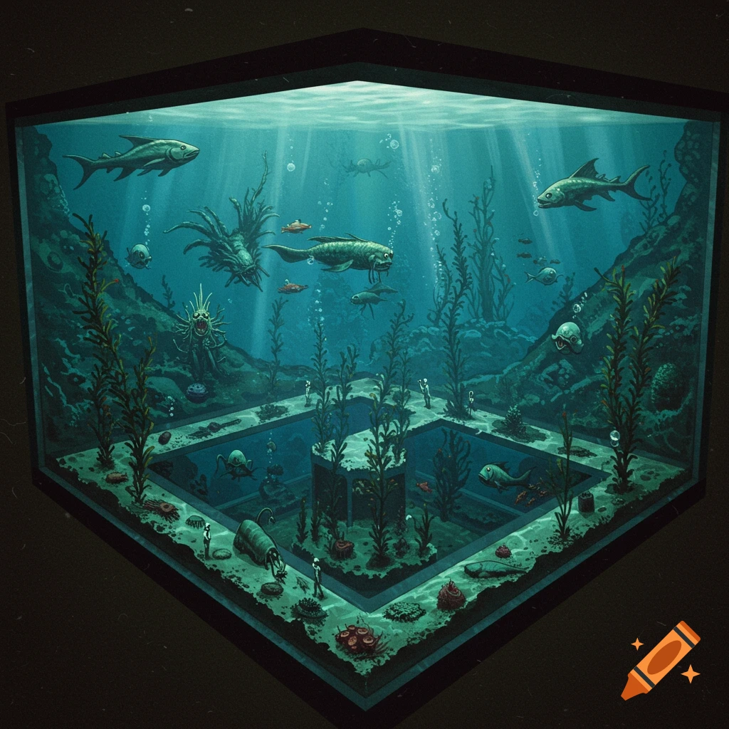 A dark, stylized illustration of a large aquarium filled with monstrous fish, underwater plants, and small figures exploring a submerged structure.