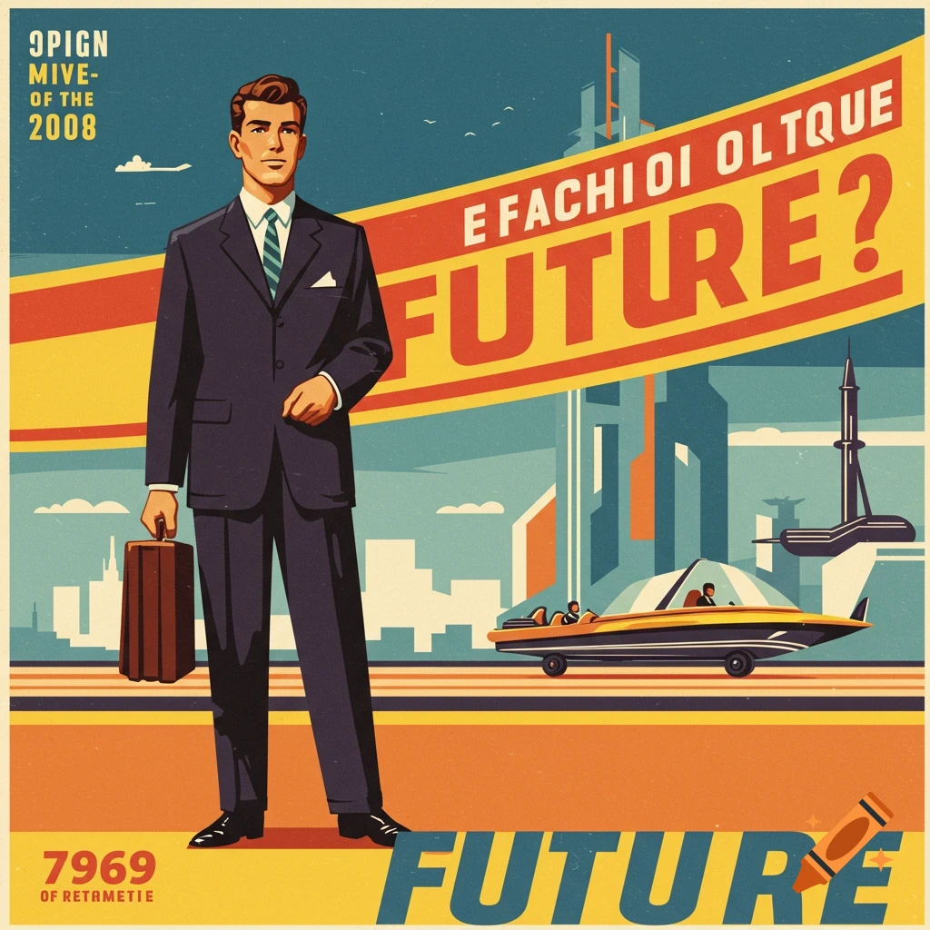 Retro-style illustration of a man in a suit holding a briefcase in a futuristic city with a flying car.