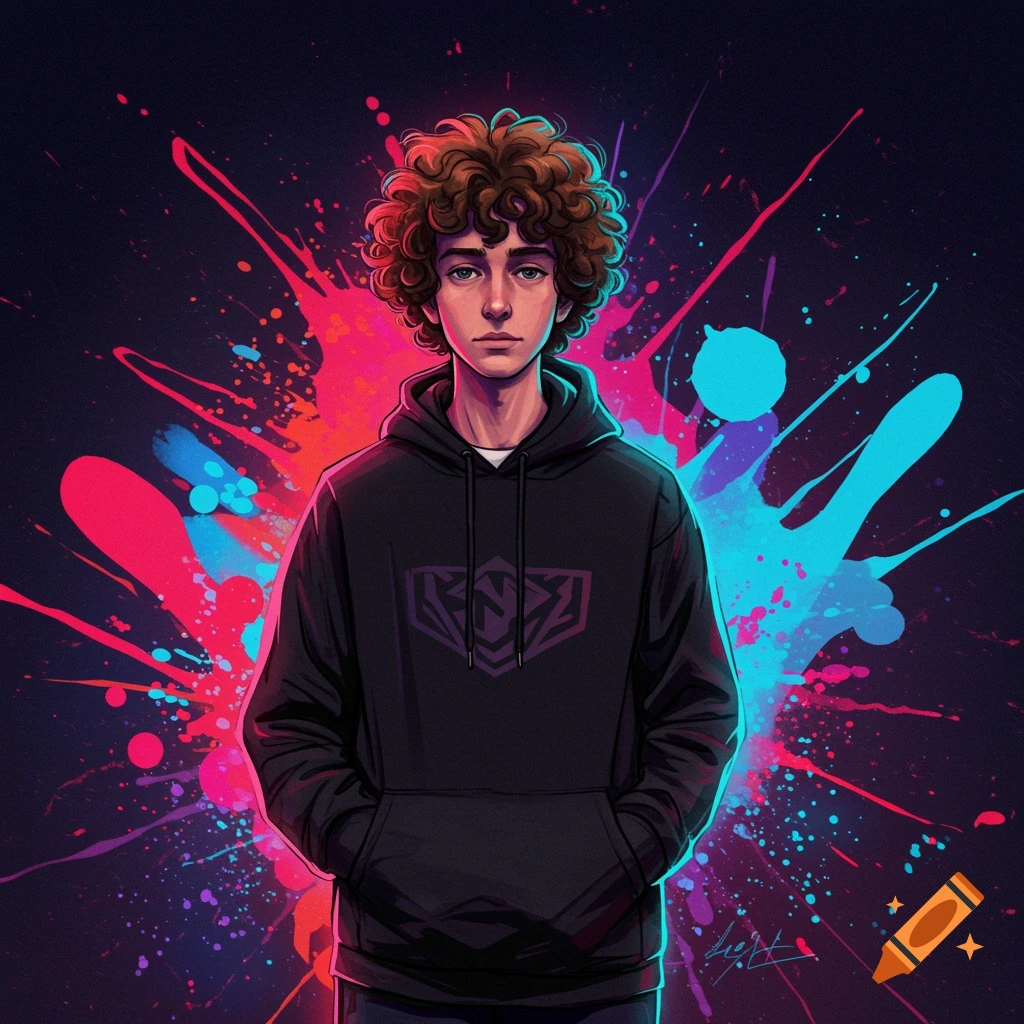 A teenager in a black hoodie is shown against a vibrant neon splatter background.