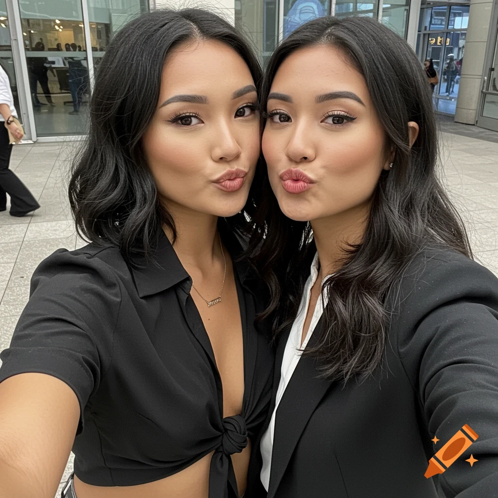 Two young women taking a selfie, both pursing their lips in a kissy face, outdoors.