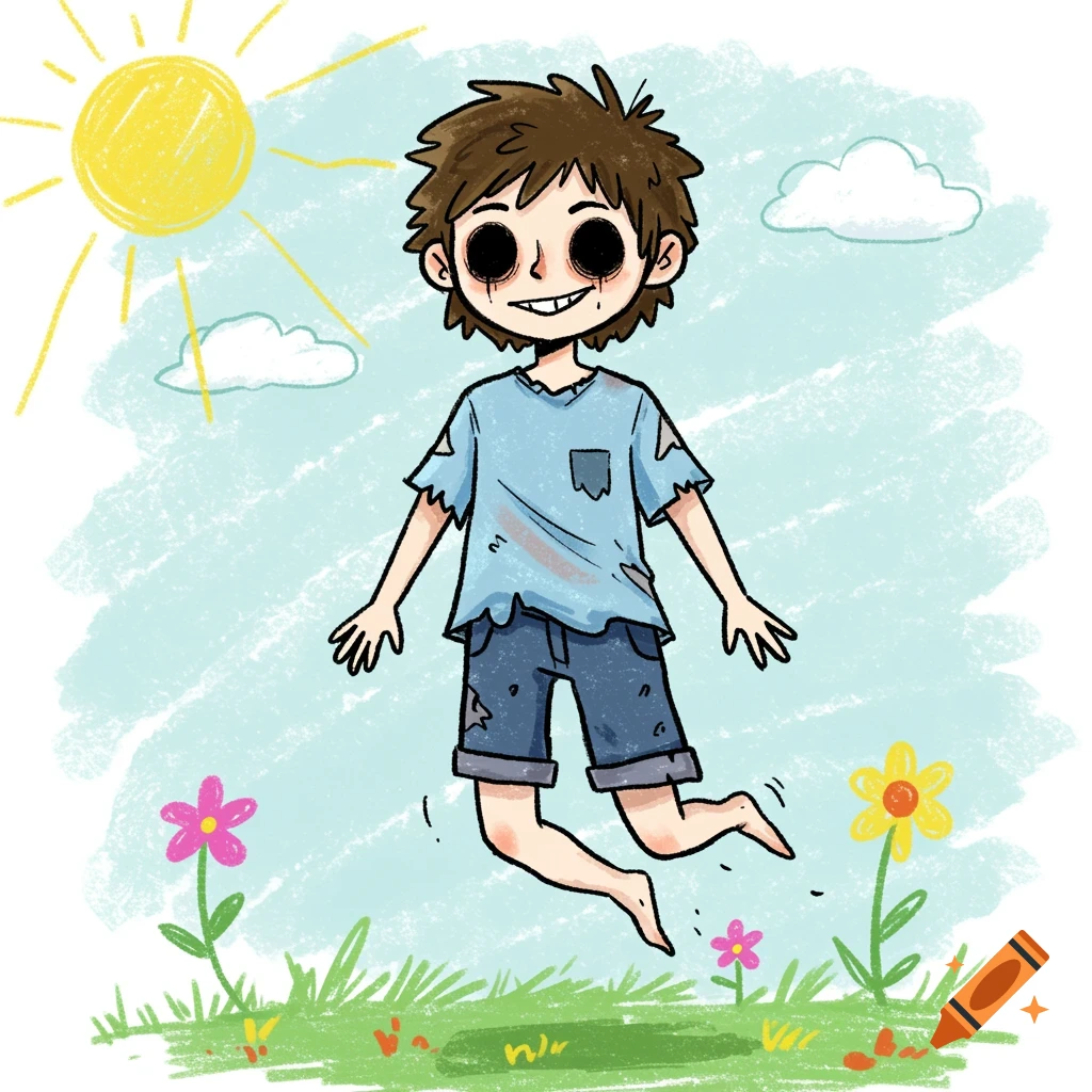 Cartoon illustration of a ghost boy with black eyes jumping in a sunny meadow with flowers.