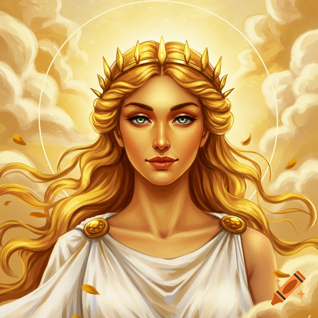 A woman with golden hair and crown, wearing a white toga, surrounded by golden clouds.