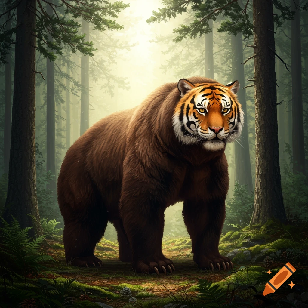 A creature with a tiger's head and a bear's body with large paws stands in a sunlit forest clearing.