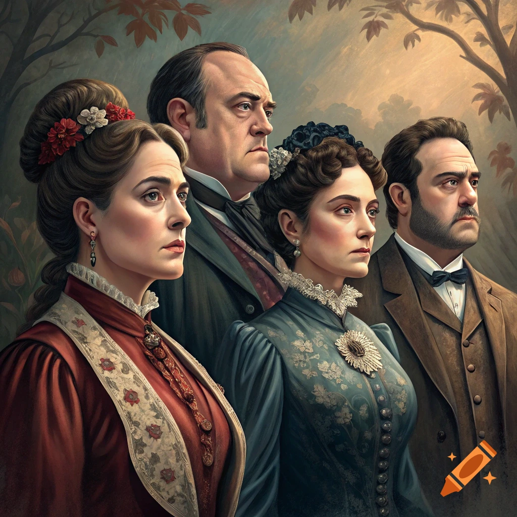 A painting of four people in 1800s attire looking to the side.
