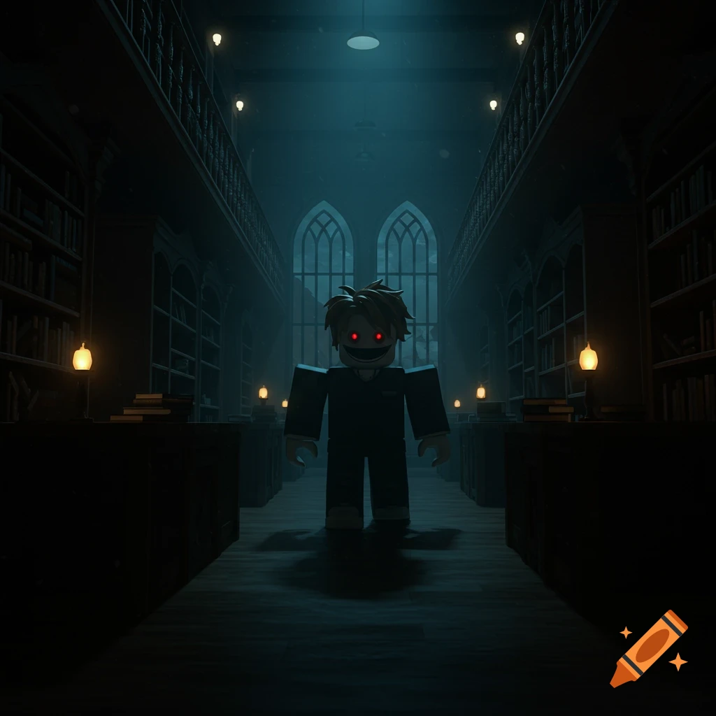 A Roblox character with glowing red eyes stands in a dark library.