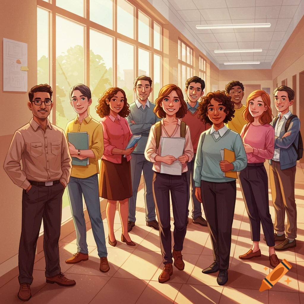 Ten people (teachers) standing in a sunny school hallway with books.