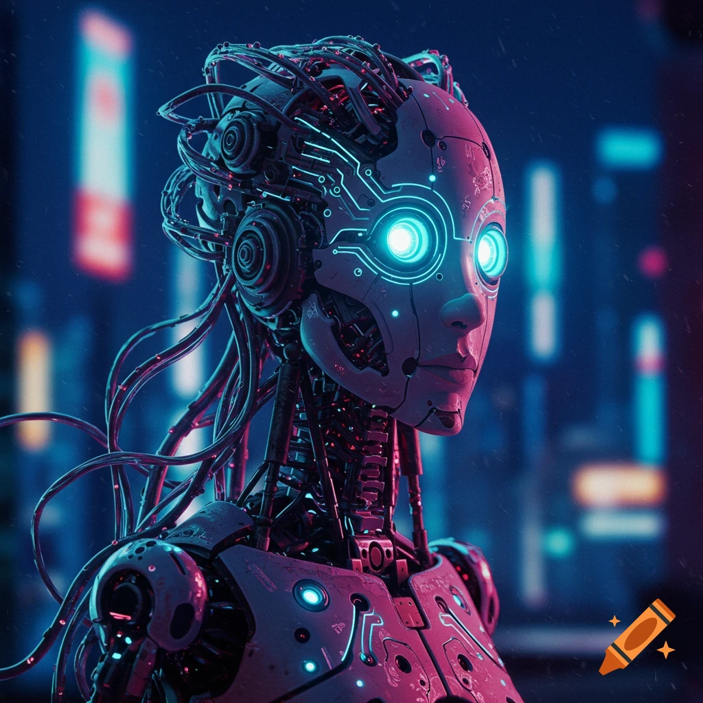 Close-up of a futuristic robot's head and chest, featuring intricate circuitry, glowing blue eyes, and wires against a blurry cityscape background.