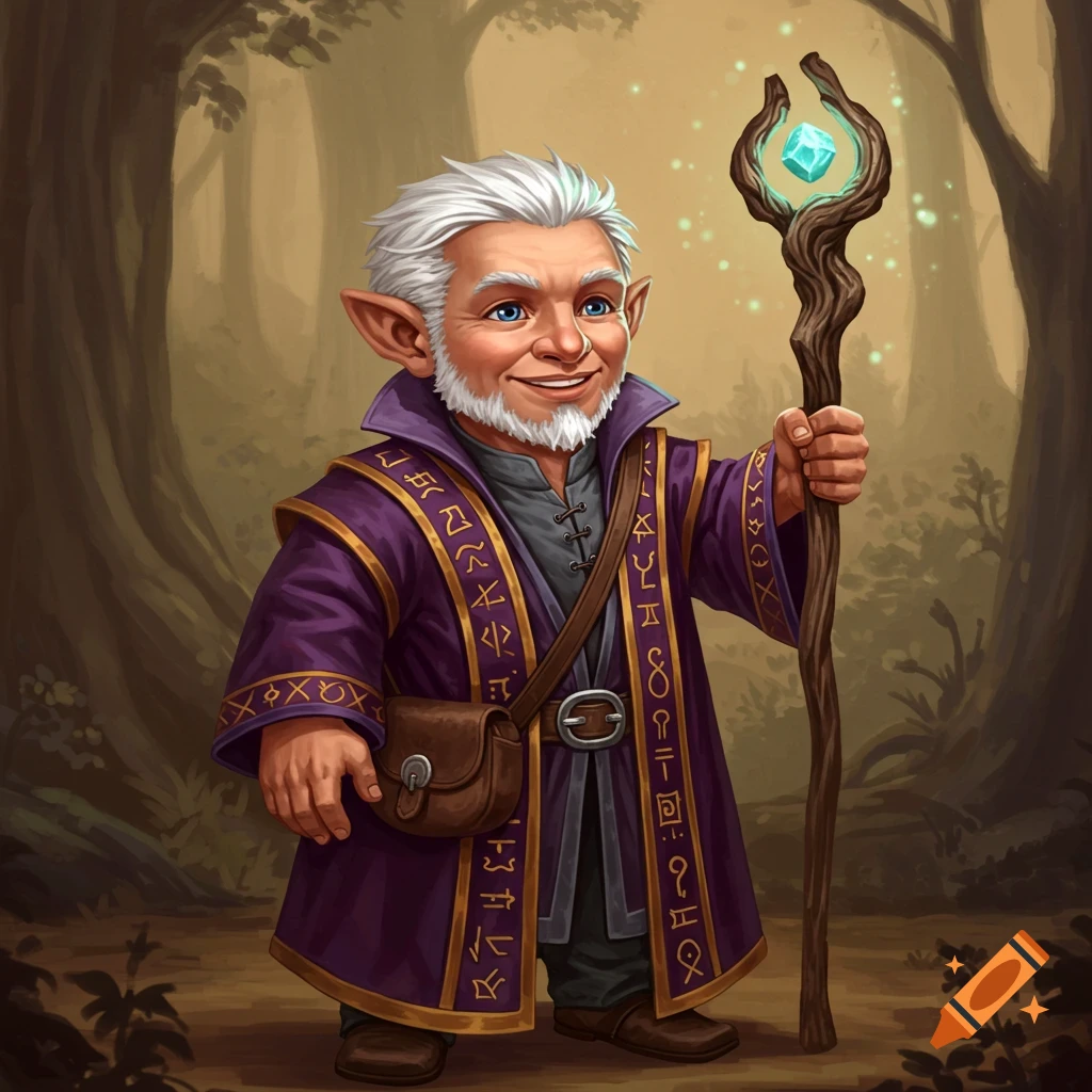 A halfling wizard in a purple robe stands in a forest, holding a staff.