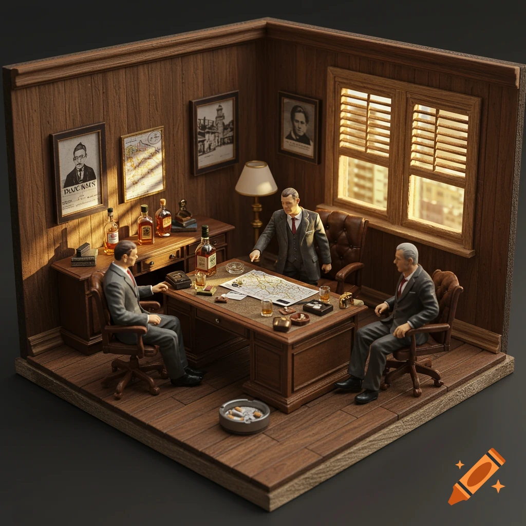 Miniature diorama of a mafia office scene with figures around a desk.