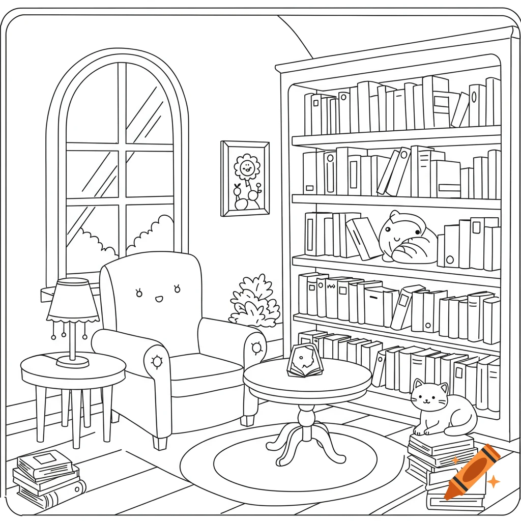 A black and white coloring page of a library scene with a chair, bookshelf, window, and a cat.