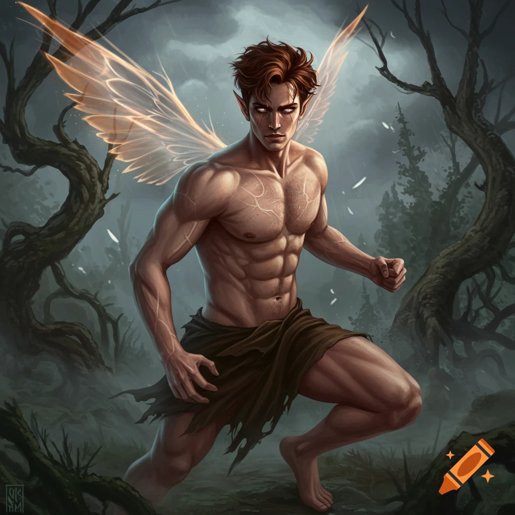 Painting of a muscular male fae with translucent wings in a dark forest.