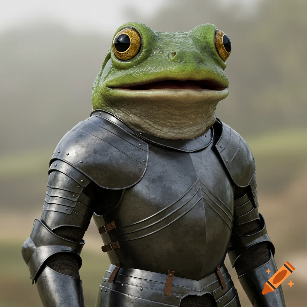 A photorealistic image of a frog wearing a suit of armor.