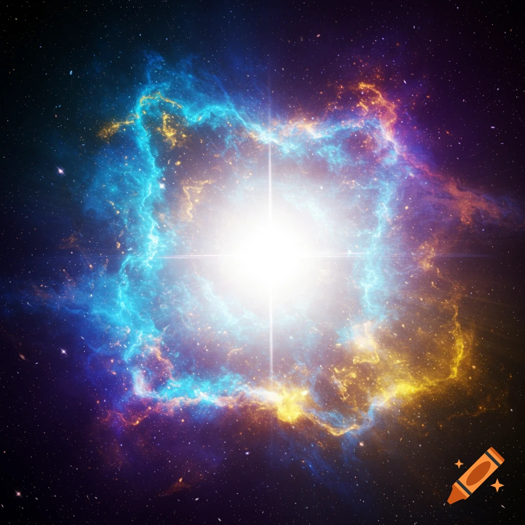 A bright star is surrounded by blue and orange nebula in space.