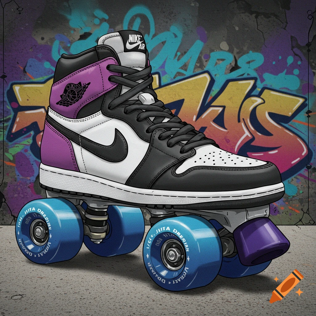 A purple, black, and white Jordan 1 sneaker roller skate against a graffiti background.
