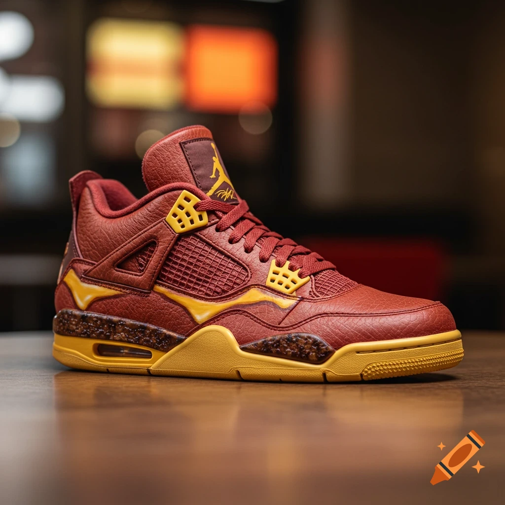 Close-up photo of a red and yellow sneaker on a wooden surface.