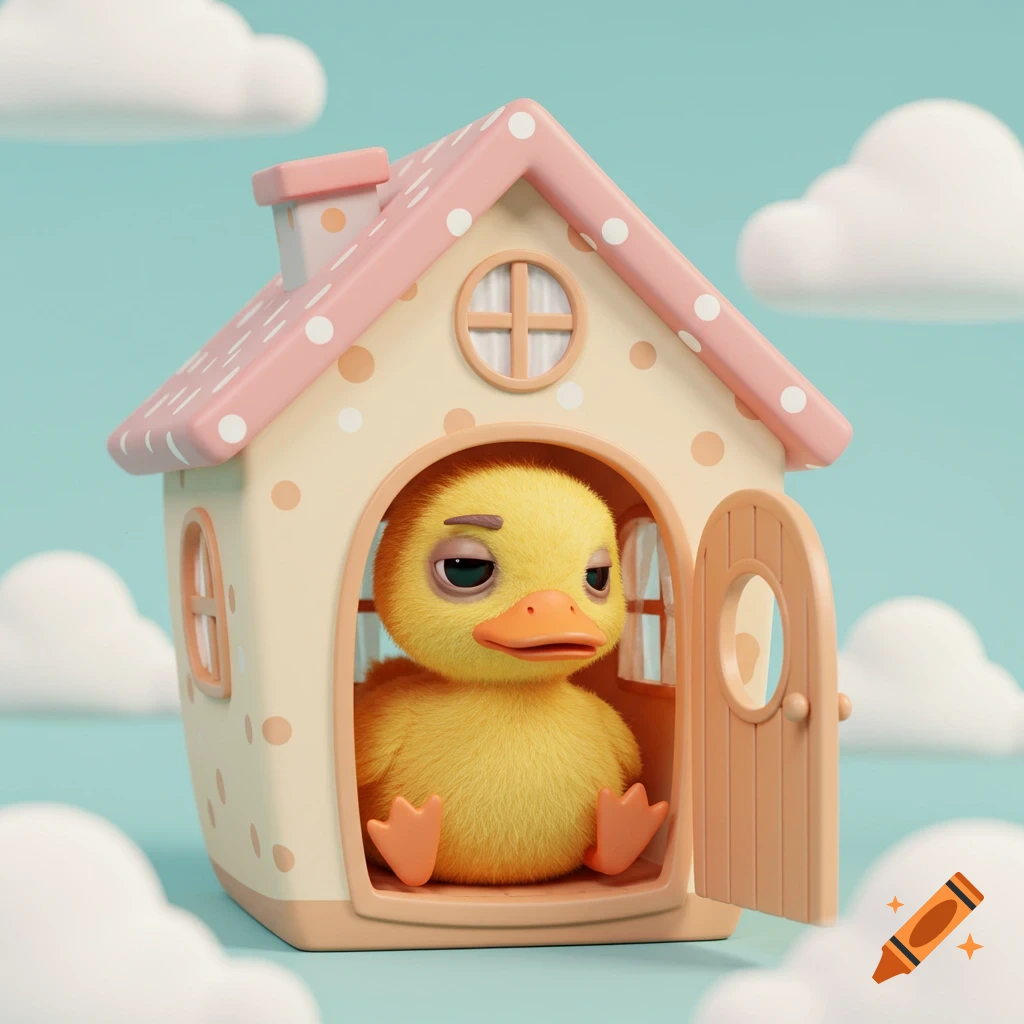 A cute yellow cartoon duck with a mysterious or sleepy expression sits inside a small, pink-roofed toy house under a blue sky with clouds.