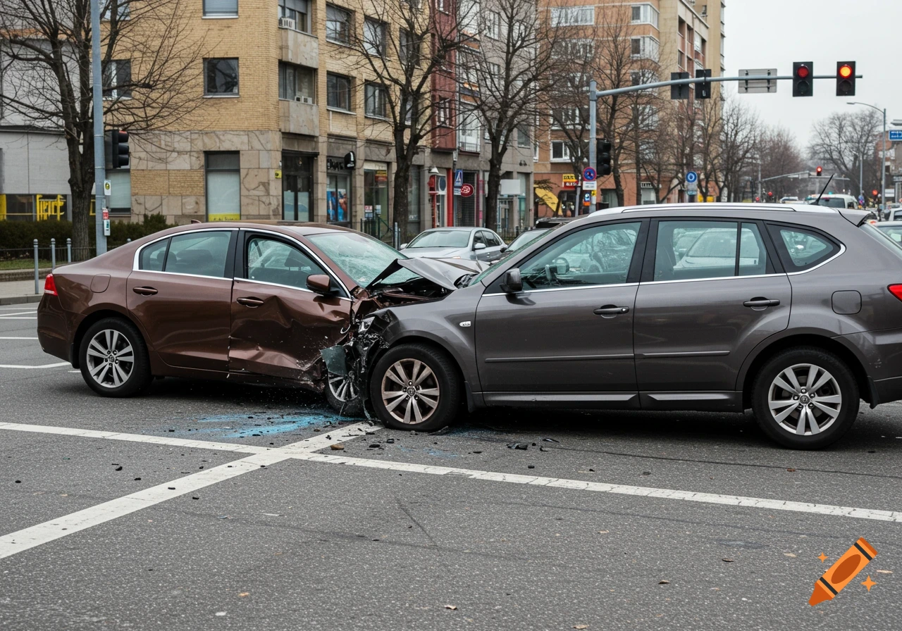 Photorealistic stock photo of a two-car accident at an urban intersection.