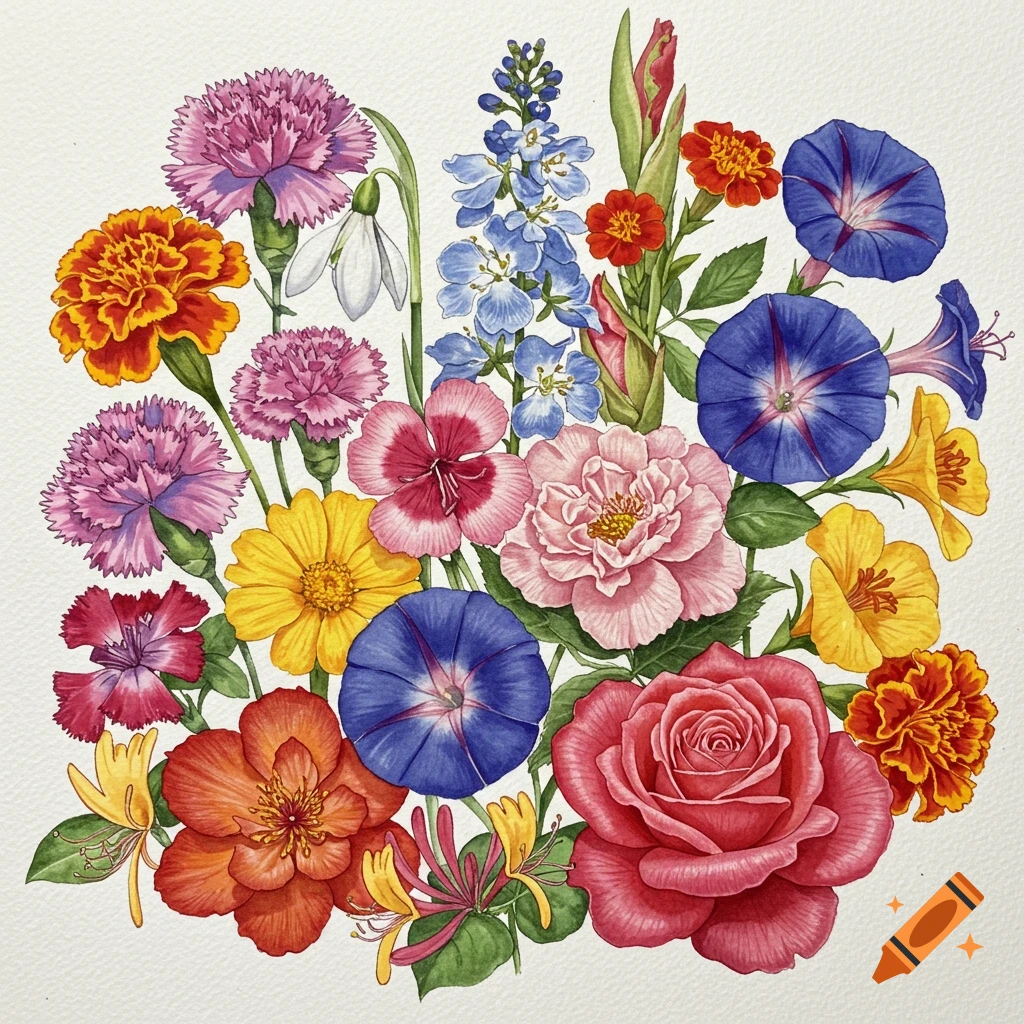 A vibrant watercolor illustration of a bouquet featuring carnations, roses, morning glories, marigolds, and other colorful flowers.
