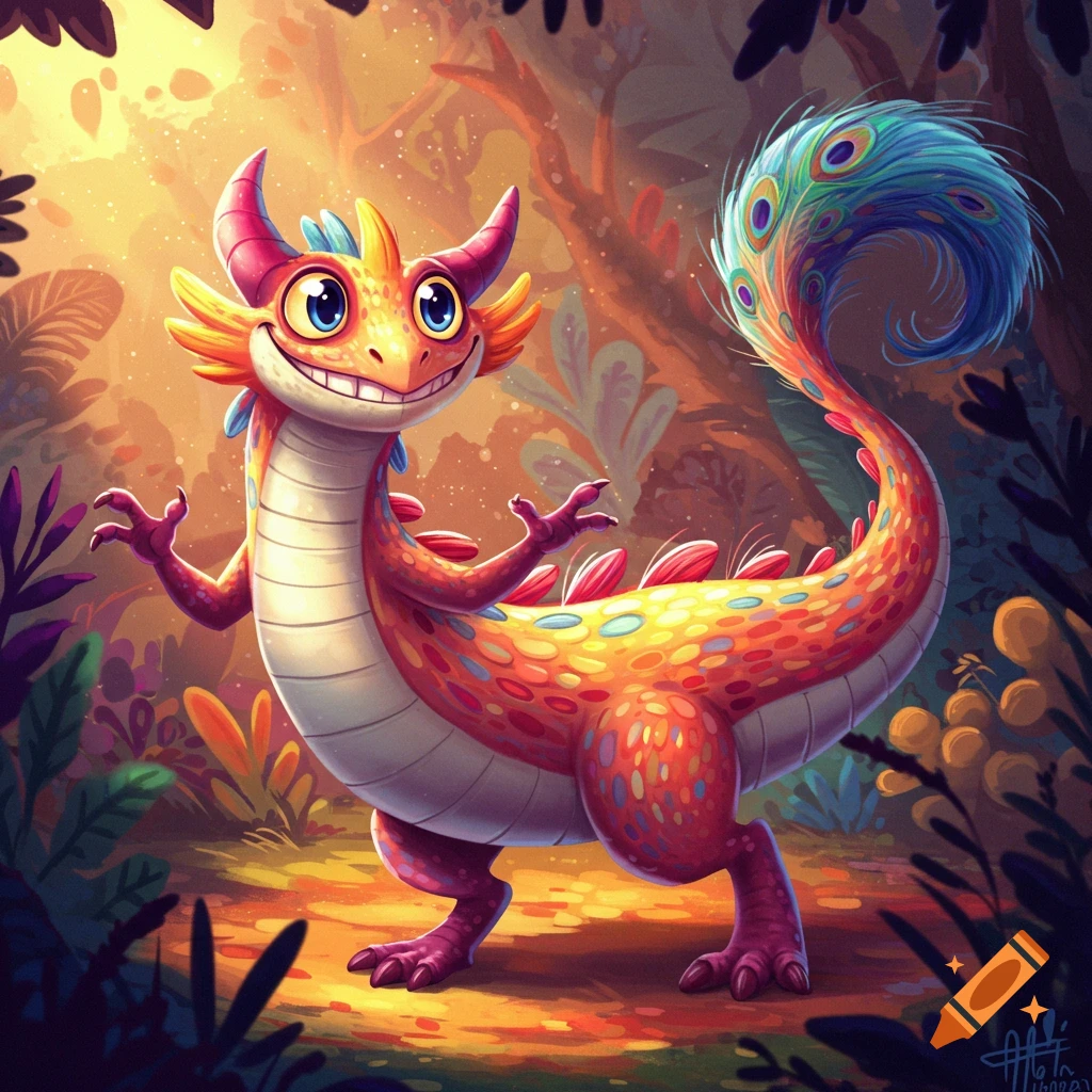 A brightly colored cartoon dragon with a peacock-like tail stands in a sun-dappled forest.