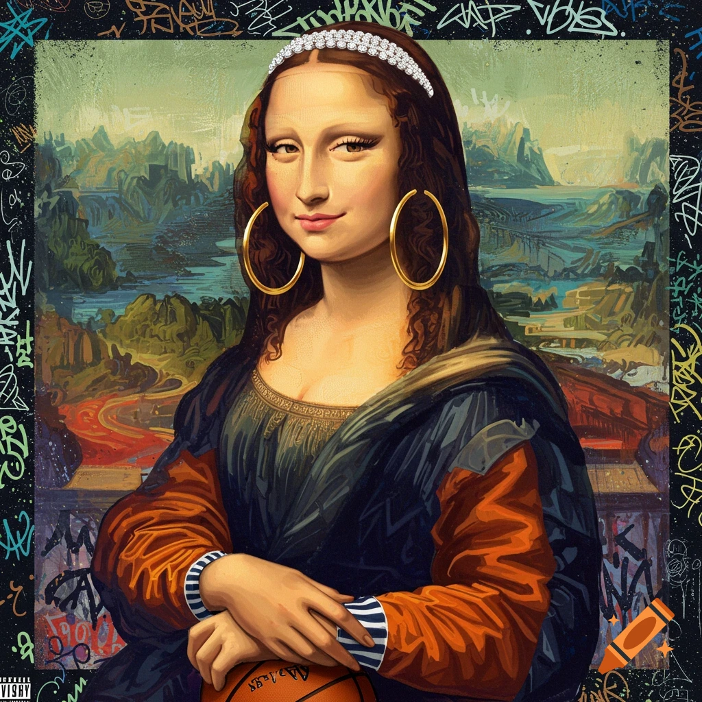 A hiphop style portrait of Mona Lisa with hoop earrings, diamond headband, and holding a basketball, with graffiti background.