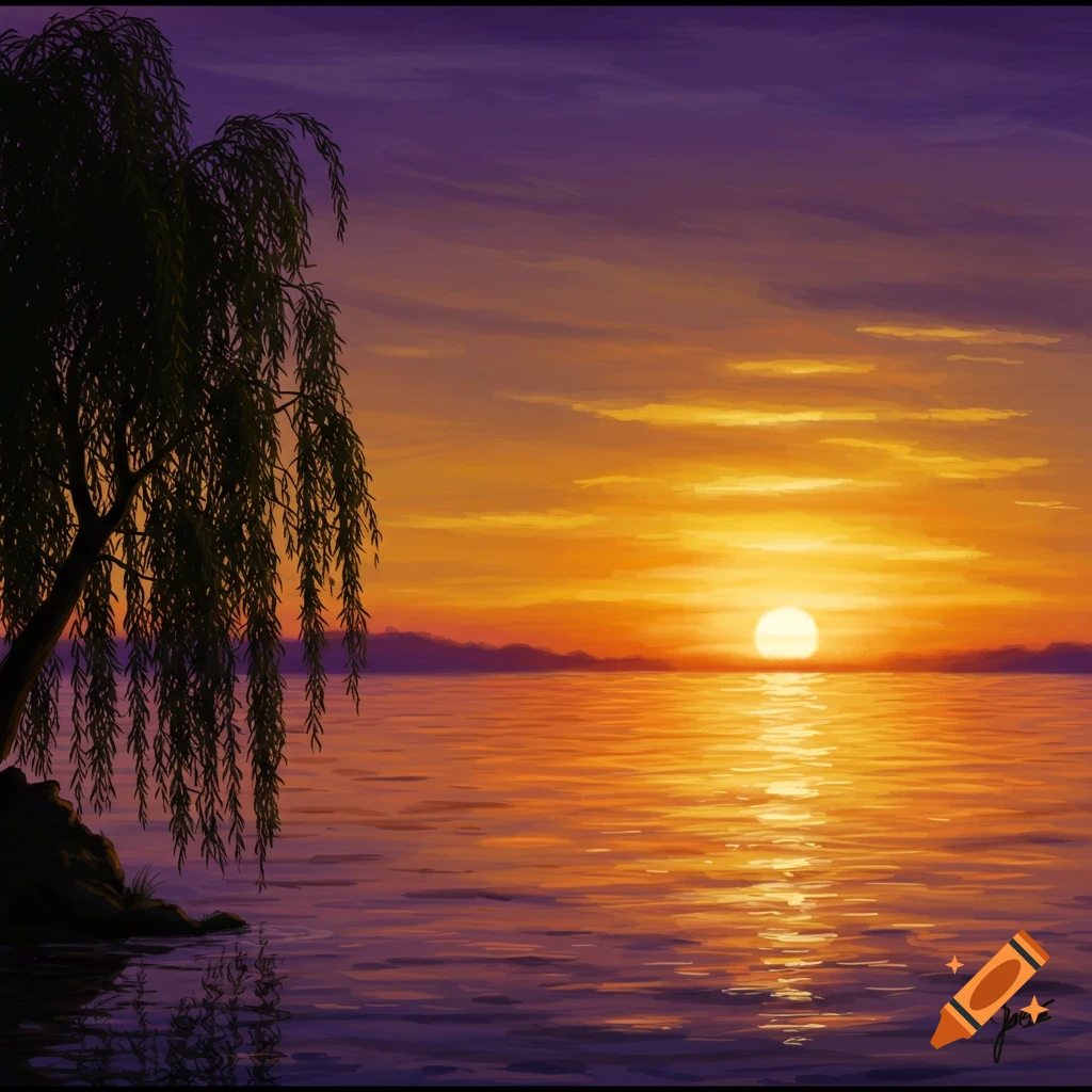 A vibrant orange and purple sunset over water with a weeping willow tree silhouette.