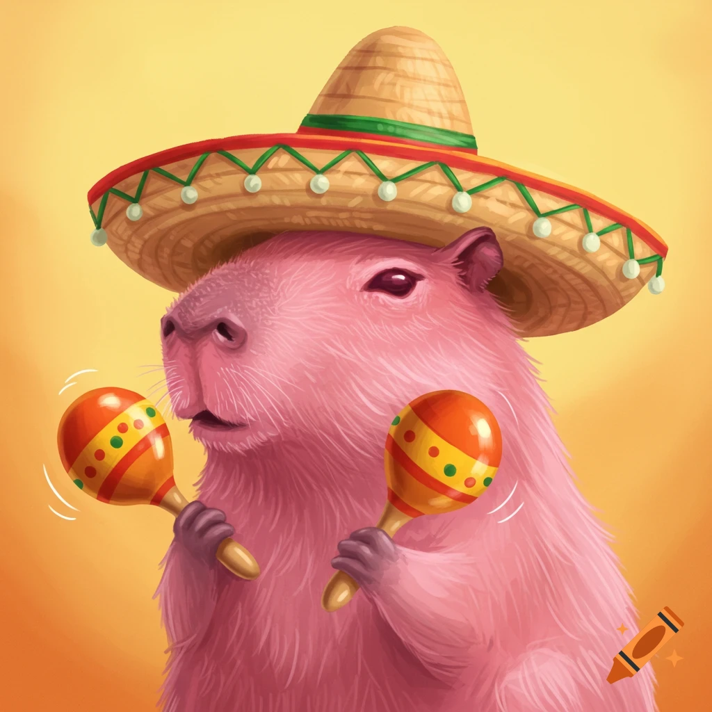 A pink capybara wearing a sombrero and playing maracas, digital art.
