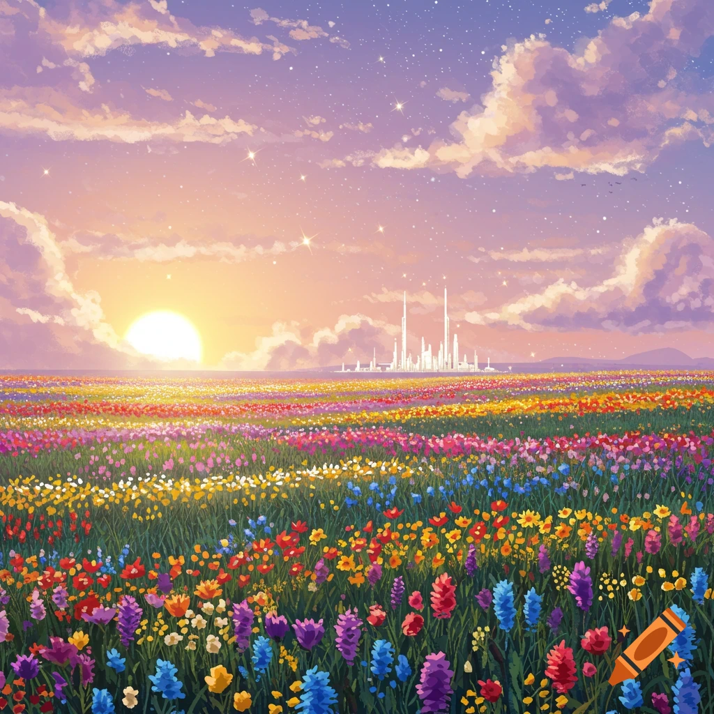 A vibrant flower field at sunrise, with a futuristic city on the horizon.