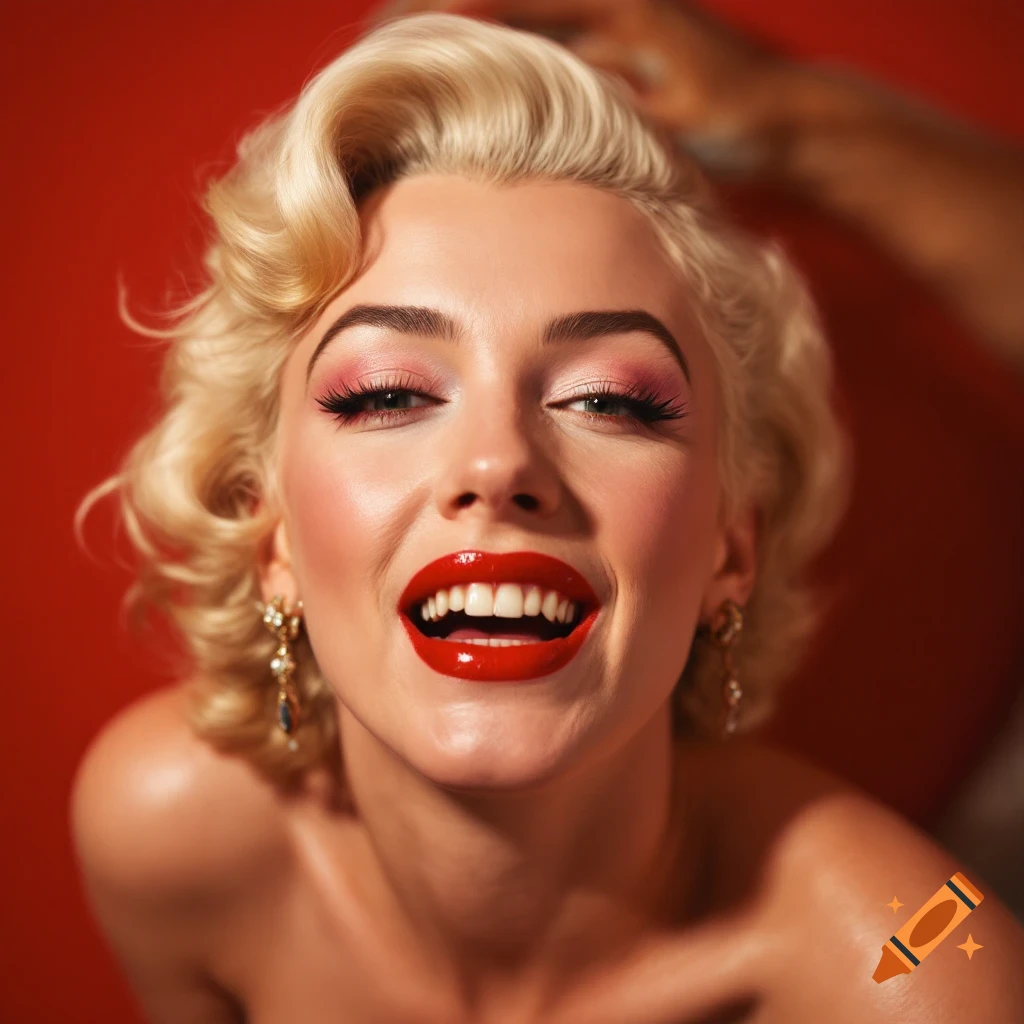 Close-up portrait of smiling woman with blonde hair and red lipstick