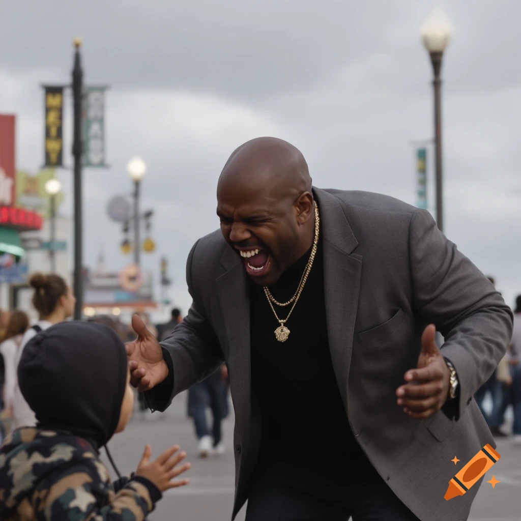 Bald man in suit screams at a child on a busy boardwalk