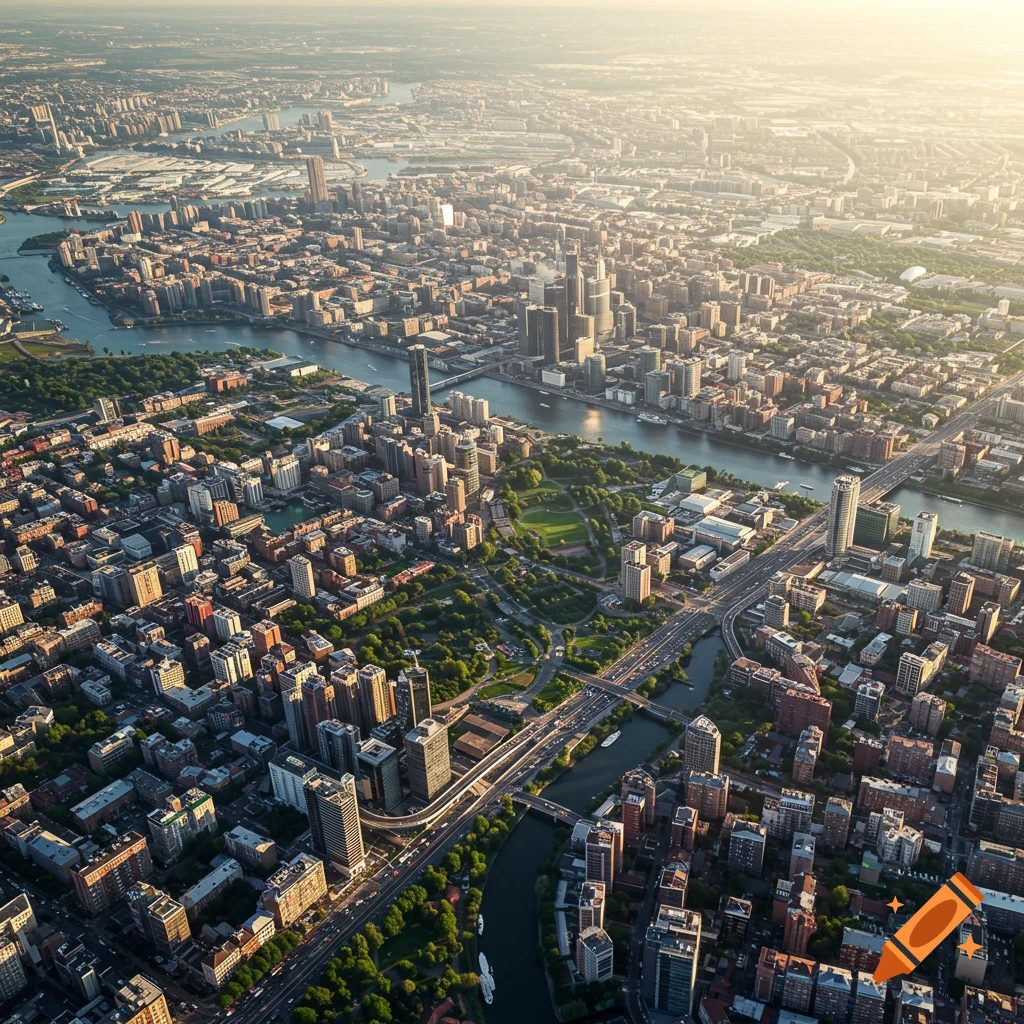 Aerial view of a large metropolitan area with a river, skyscrapers, roads, and parks.