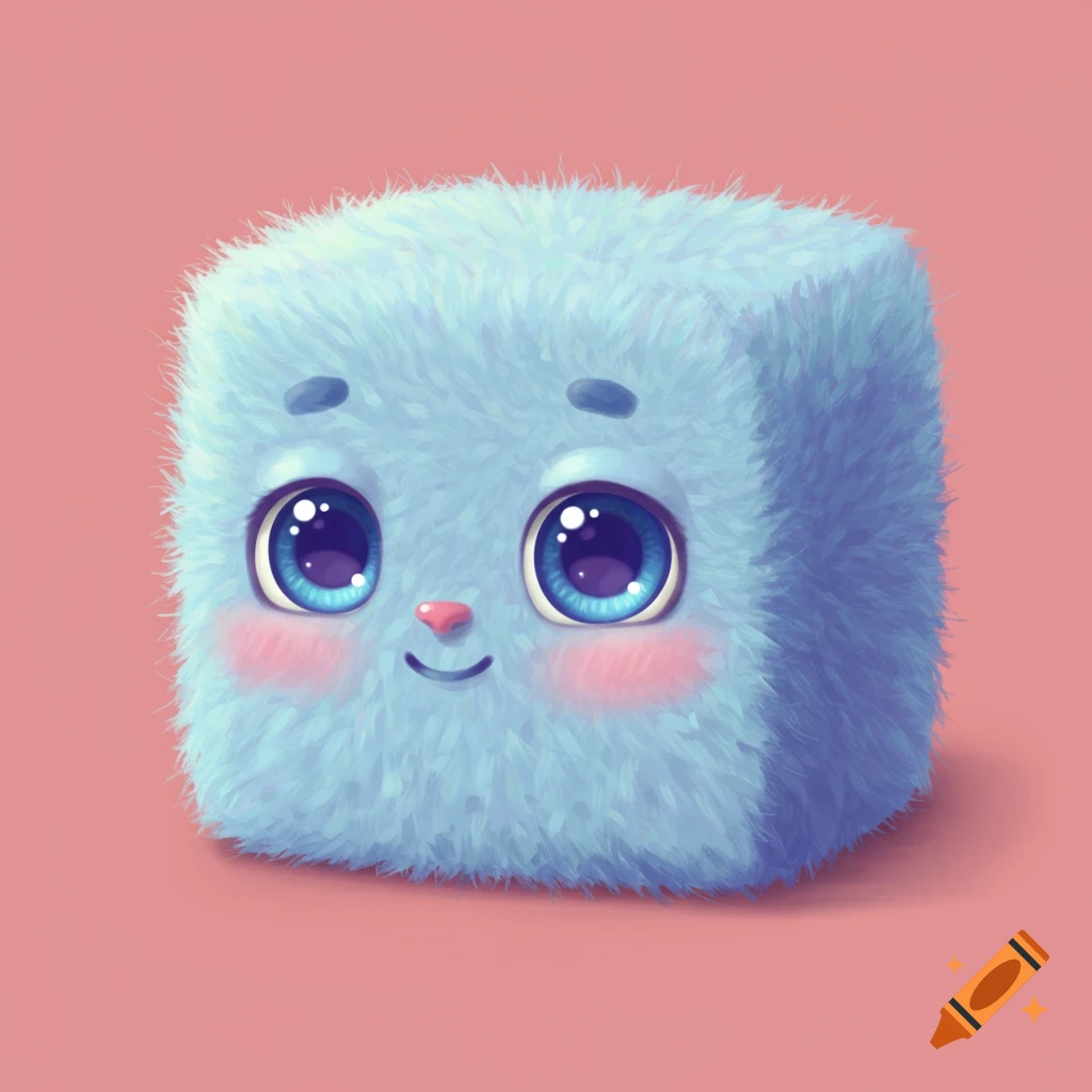 A cute light blue furry cube creature with big blue eyes and pink cheeks against a pink background.