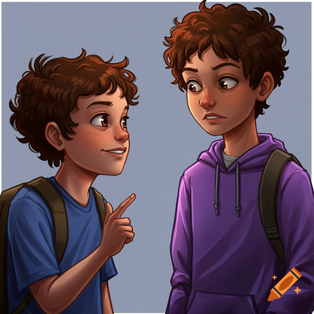 Illustration of two boys, one pointing and smiling, the other looking concerned.