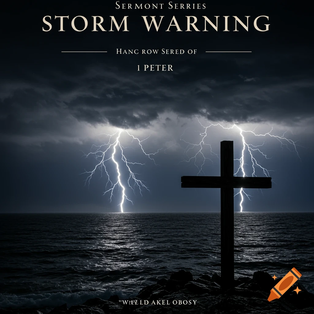 A cross stands silhouetted against a stormy sea with lightning striking the water.