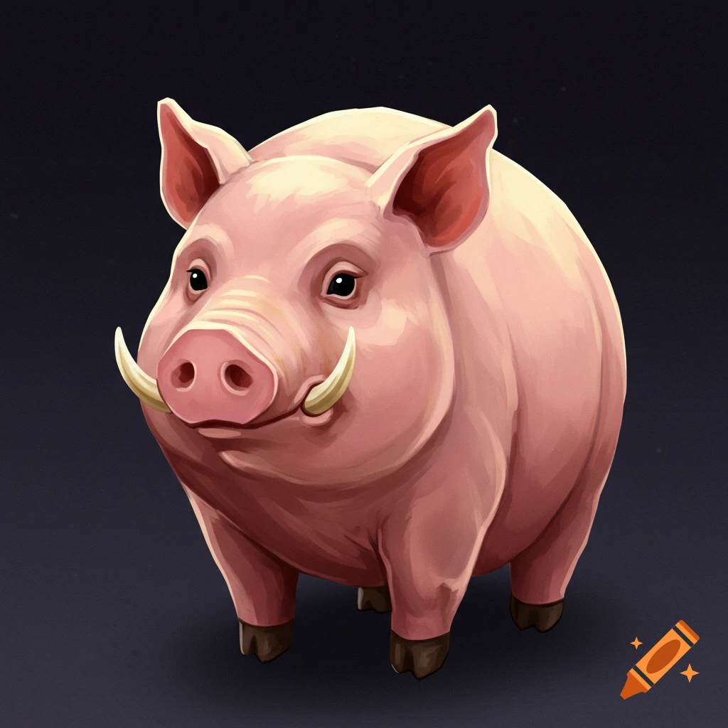 A stout pink pig with tusks.
